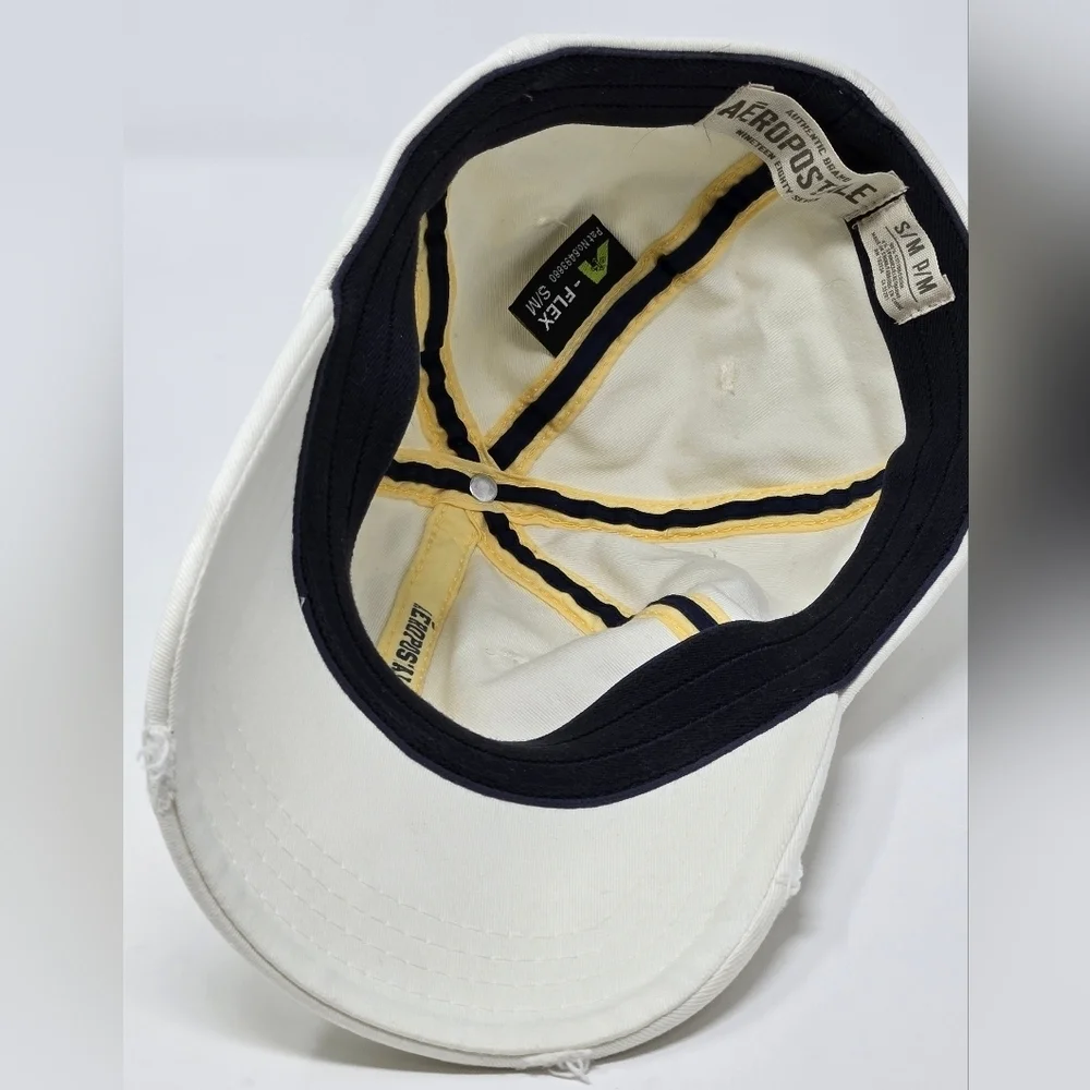 AEROPOSTALE WHITE COTTON BLEND DISTRESSED FITTED BASEBALL HAT CAP UNISEX SMALL/M